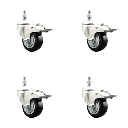 Service Caster 3.5 Inch 316SS Black Polyurethane Swivel 10mm Stem Caster Set Lock Brake SCC SS316TSTTL20S3514-PPUB-BLK-M1015-4